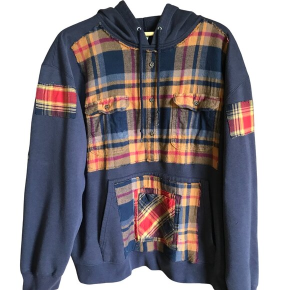 Upcycled Patchwork Hoodie, L-XL: Oversized Grunge Sweatshirt, Navy Plaid Flannel - Picture 3 of 15
